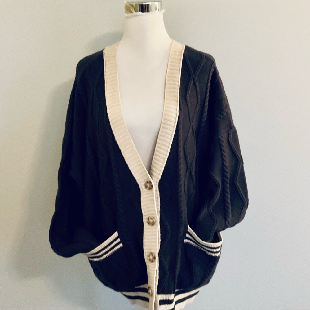 Contrast Trim Black and Cream Cable Knit Cardigan
